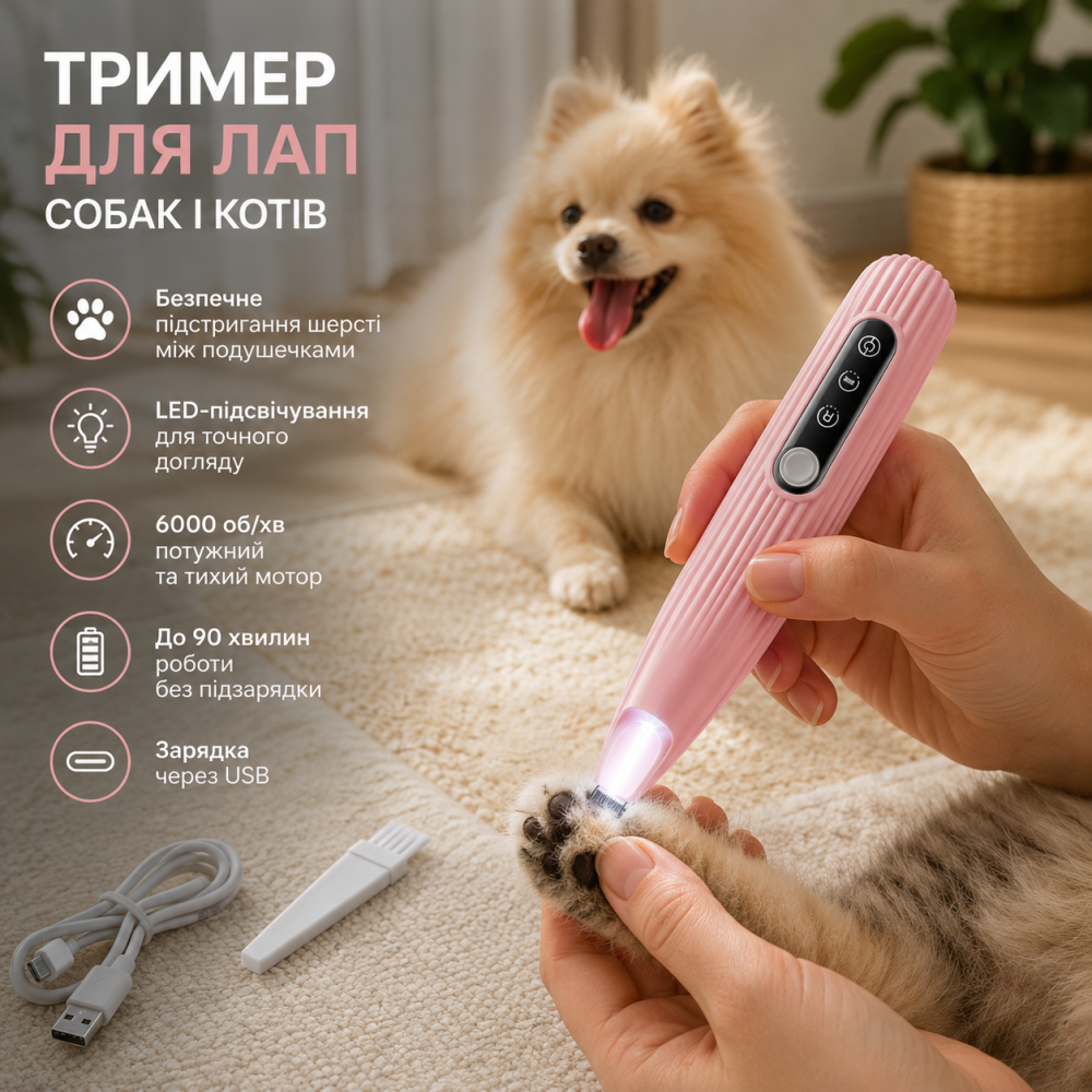 Триммер для лап собак и кошек, машинка для стрижки шерсти Gurelax, LED-подсветка, 6000 об/мин, 90 мин работы, розовый Киев - изображение 3