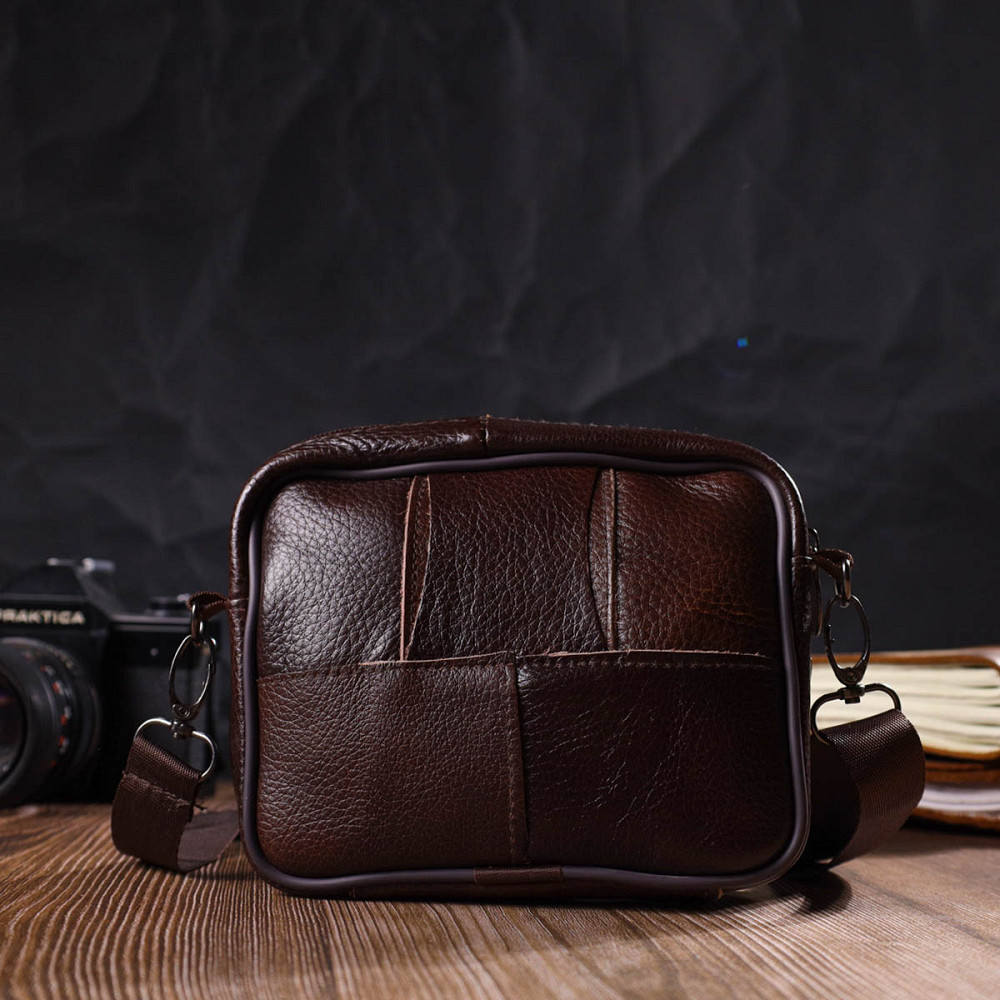 Чоловіча горизонтальна поясна сумка з натуральної шкіри 21486 Vintage Коричнева Київ - фото 2