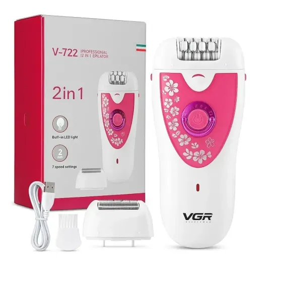 Эпилятор VGR V-722 аккумуляторный 2 скорости 32 пинцета с насадками / Беспроводной эпилятор Коломия