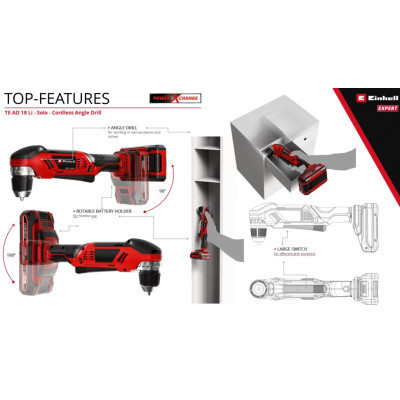 Дрель Einhell угловая TE-AD 18 Li - Solo PXC 18В, 1100 об/мин, 45Нм (без АКБ и ЗУ) (4514290) Винница - изображение 5