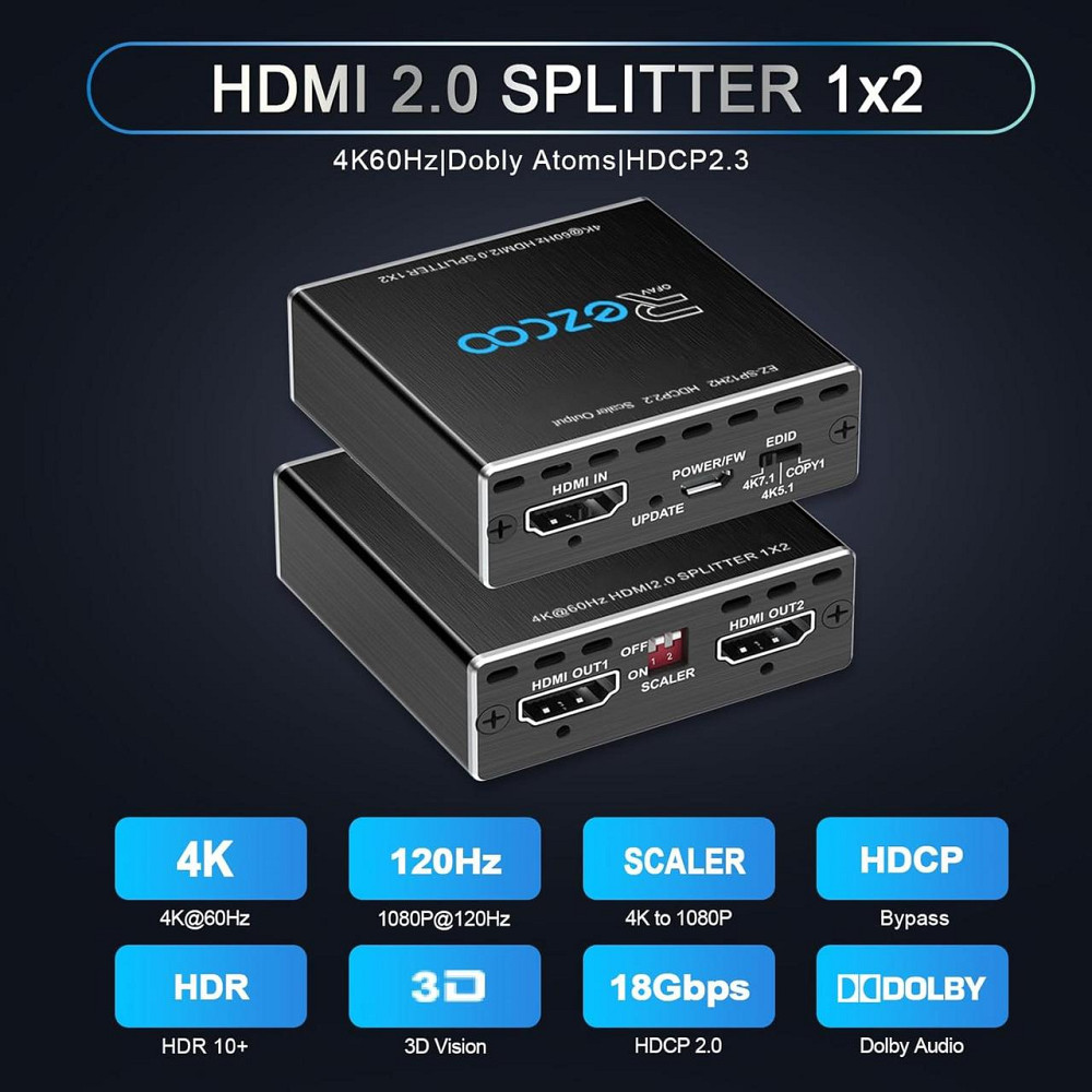 HDMI спліттер 1x2 4K HDR Dolby Vision Atmos HDCP2.2 60Hz 4:4:4 18Gbps з Downscaler та синхронізацією 1080p для Xbox PS5 Roku Київ - фото 3