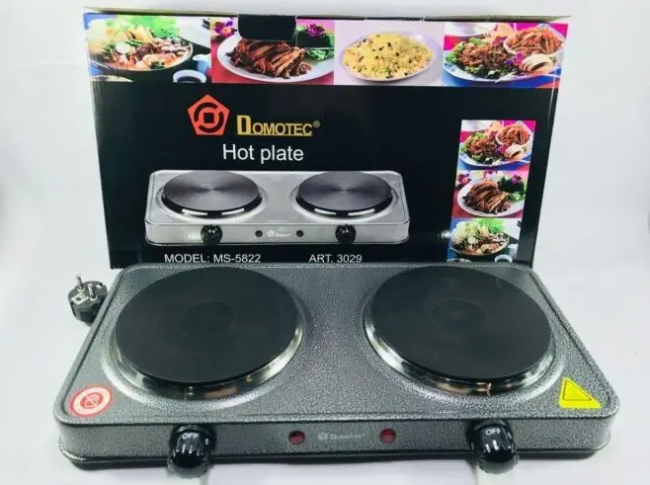 Електрична плита Domotec MS-5822 з 2 конфорками, потужність 2000 Вт, сірий корпус, компактна модель Одеса - фото 1