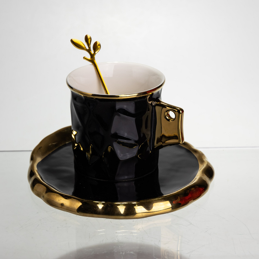 Чашка порцелянова для кави 200 (мл) з блюдцем і ложкою, гарна чашка в подарунок Чорний із золотом FM-1A Коломыя - изображение 2