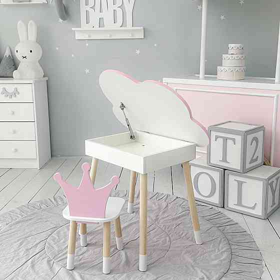 Столик хмаринка з відкидною нішею 54х68х50 і стільчик корона 26х26х24, стіл та стілець в дитячу, рожевий з білим Київ