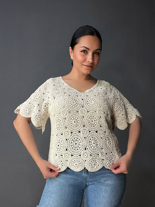 Блузка женская A-N 5303 кружевная вязаная с коротким рукавом, бежевый, one size Киев - изображение 9