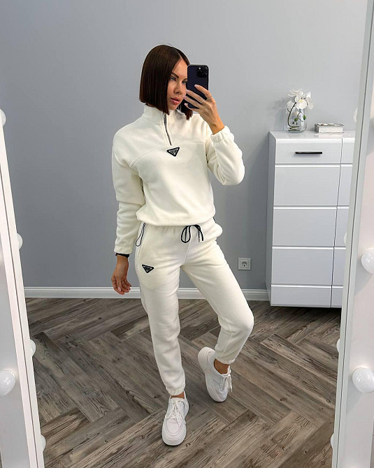 Женский теплый прогулочный костюм двойка: кофта и штаны флис двусторонний Молочный, 44 Одесса - изображение 1