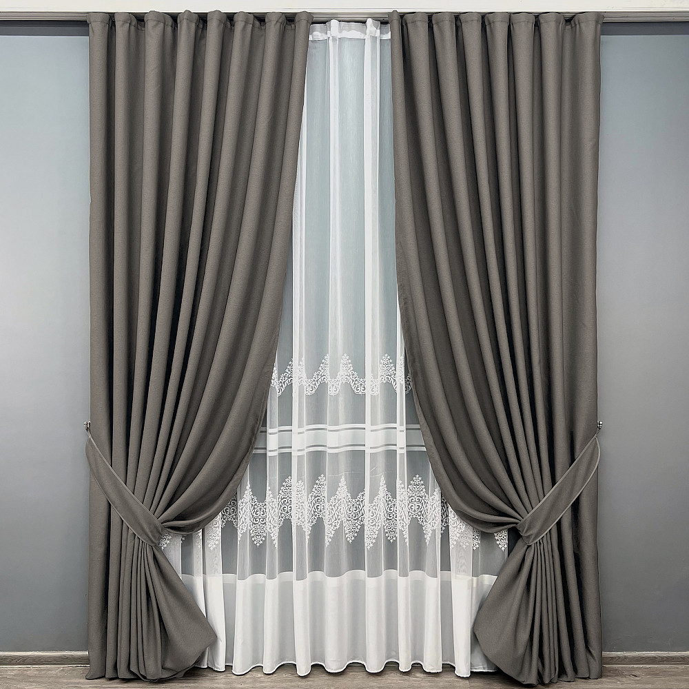 Комплект штор VR-Textil рогожка преміум TERRA LUXE 150х270 2шт і Тюль 600х270 1856ш-1704т Темно-сірий з білим 71-110/5 Київ - фото 1