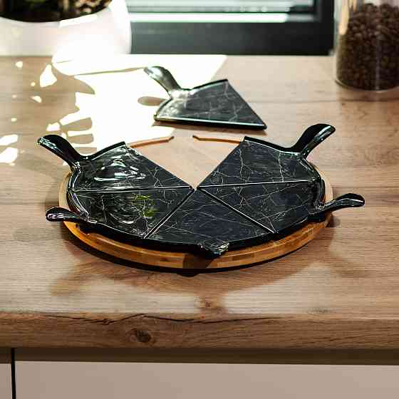 Yiwu Тарілка для піци 28 см порцелянова з бамбуковою підставкою, що обертається, секційна чорна Киев