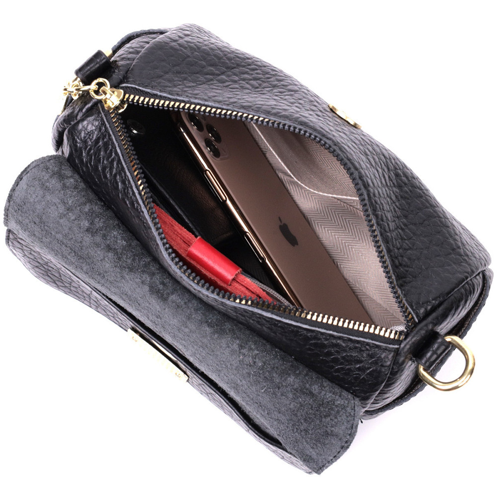 Класична шкіряна сумка з оригінальною плечовою лямкою Vintage 22405 Чорна Київ - фото 8