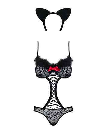 Эротический костюм гепарда Obsessive Gepardina 3 pcs costume L/XL, черный, меховая отделка, монокини Sex Aura Киев