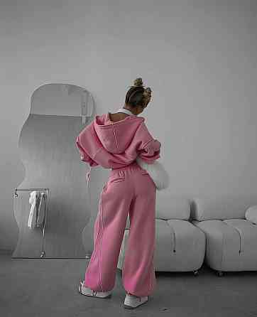 Женский теплый костюм двойка свободного кроя турецкая трехнить пенье с начесом Розовый, 44 Одесса