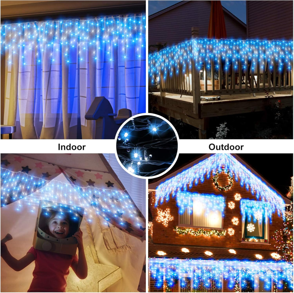 Вулична гірлянда-бахрома 10 м 400 LED синій+білий | Шторні світлодіоди з таймером, 8 режимів, IP44 Київ - фото 5
