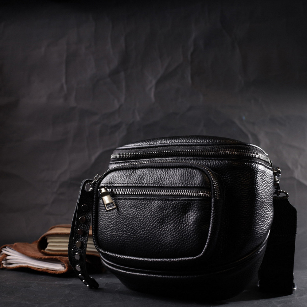 Сумка для жінок з декором у вигляді кнопок із натуральної шкіри Vintage 22388 Чорна Київ - фото 9