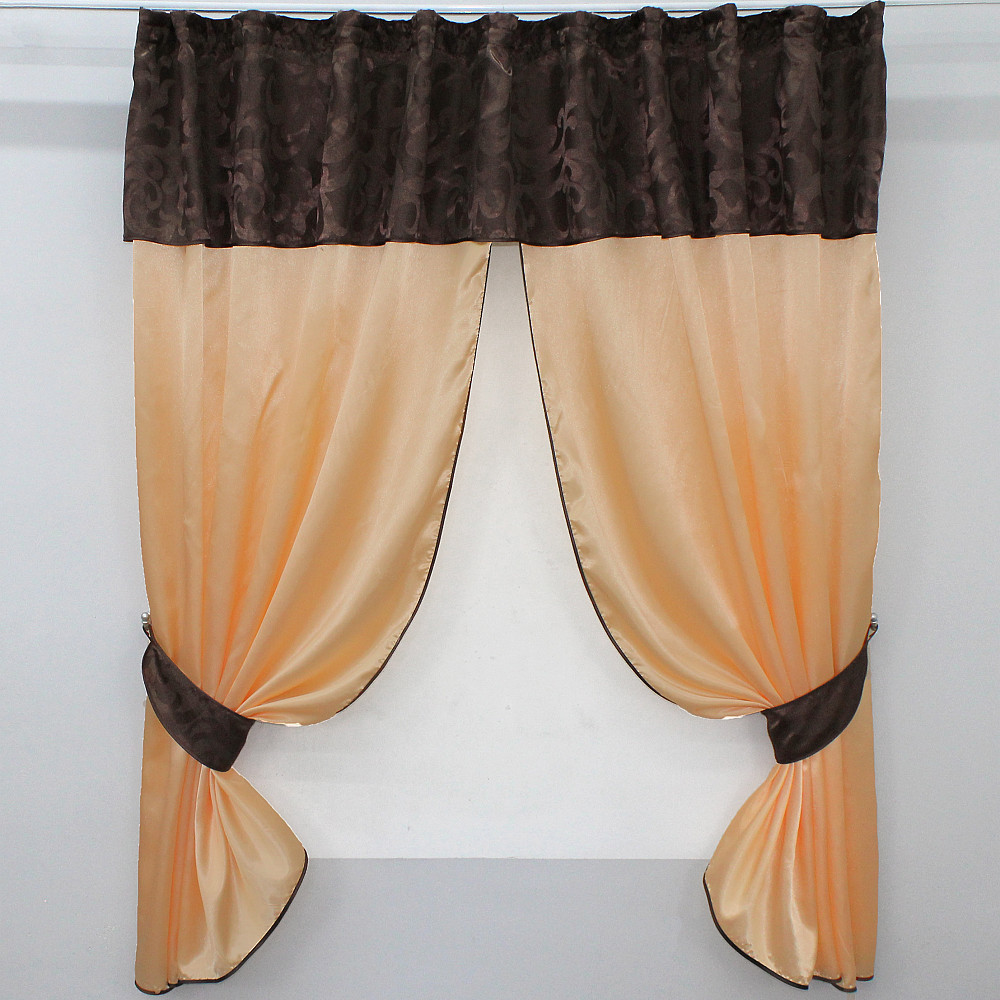 Кухонные шторы VR-Textil № 073к с ламбрекеном и подхватами персиковый с коричневым 270х170 см (52-0189) Киев - изображение 1