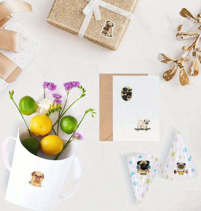 Рулон наклеек мопсы – 500 шт ярких стикеров для декора Киев - изображение 2