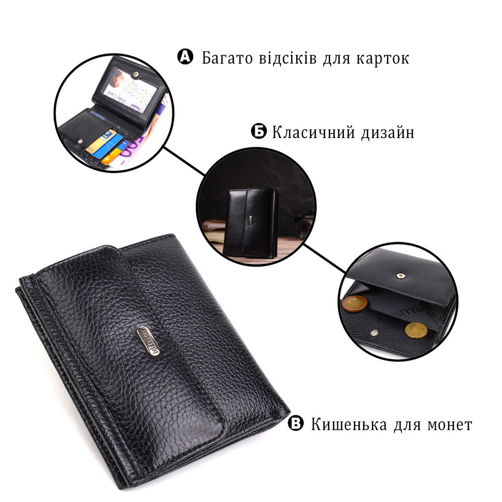 Кошелек для женщин среднего размера из натуральной кожи флотар Черный (CANPELLINI) Киев - изображение 8