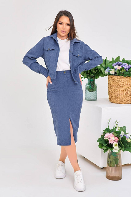 Жіночий стильний костюм-двійка: жакет і спідниця мікровельвет Джинс, 48 Одеса - фото 4