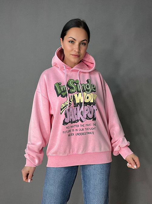 Худи женский A-N 25040 удлиненный оверсайз с капюшоном вареный дай цветная надпись впереди one size, розовый, one size Киев - изображение 16