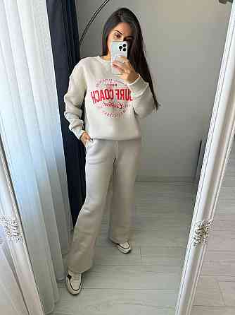 Жіночий теплий оверсайз костюм-двійка: кофта та штани турецька тринитка пеньє на флісі Молочний, 48/50 Одеса