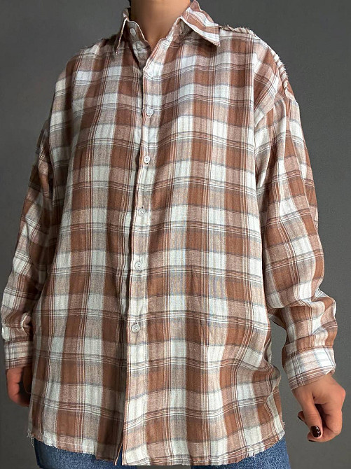 Рубашка женская A-N 27069 оверсайз двухслойная в клетку с бахромой, коричневый, one size Киев - изображение 15