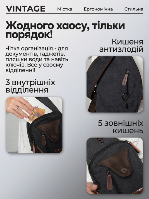Текстильна сумка через плече, чорна (Vintage) Київ - фото 15