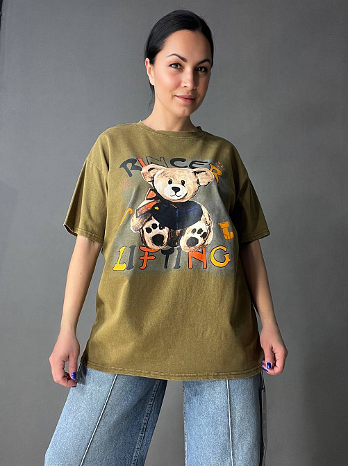 Футболка жіноча YIGOU 76 тай-дай з ведмедиком оверсайз, хакі, one size Київ - фото 10