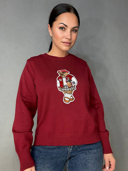 Светр жіночий A-N 2609 з нашивкою ведмедика оверсайз базовий one size, бордовий, one size Київ - фото 19