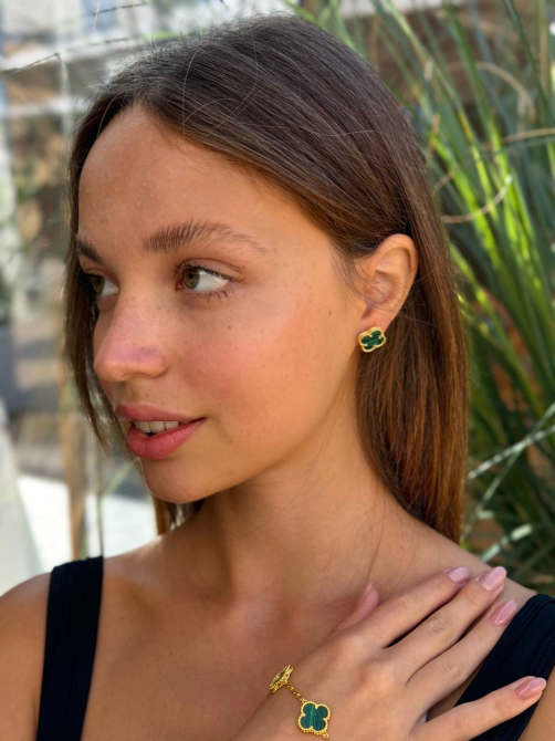 Van Cleef сережки та браслет / набор зелений під малахіт / лимонне золото / проба AU 750, гравіювання Одеса - фото 2