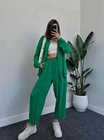 Женский легкий брючный костюм двойка: рубашка и брюки американский креп Зелёный, 44/46 Одесса