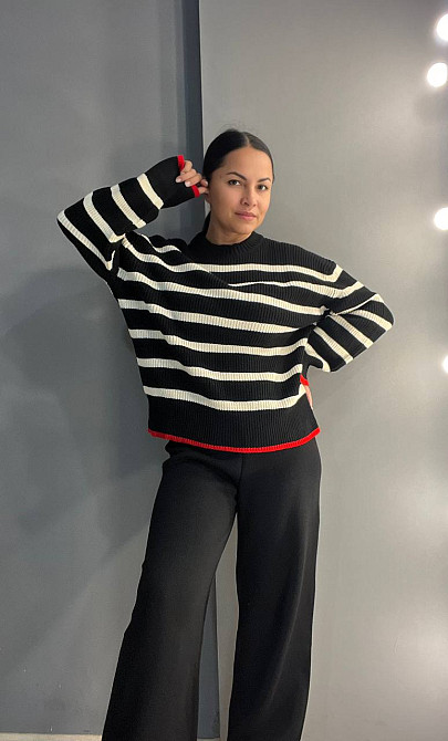 Свитер женский MIX RAY 6635 полоска оверсайз удлиненный свободный крой, черный, one size Киев - изображение 6