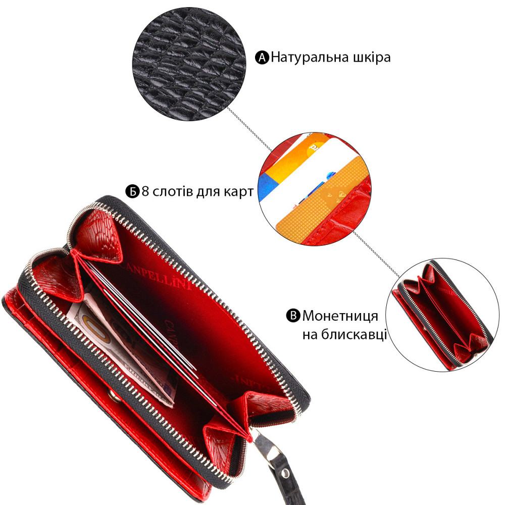 Стильное женское портмоне среднего размера из натуральной кожи с тиснением под крокодила CANPELLINI 21911 Черное Киев - изображение 7