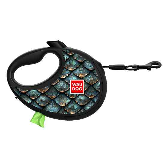 Повідець-рулетка для собак WAUDOG R-leash з контейнером для пакетів, малюнок "Луска", світловідбивна стрічка, M, до 20 кг, 5 м Київ