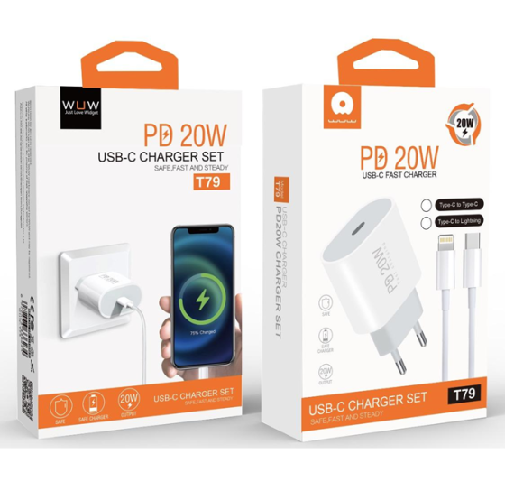 Мережевий зарядний пристрій з кабелем WUW-T79L PD 20W USB C charger with type c to type c cable Одеса