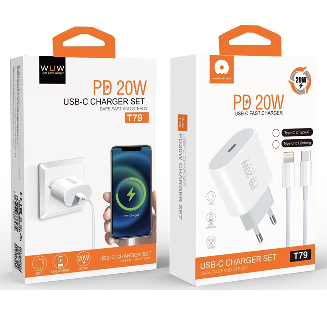 Мережевий зарядний пристрій з кабелем WUW-T79L PD 20W USB C charger with type c to type c cable Одеса - фото 2