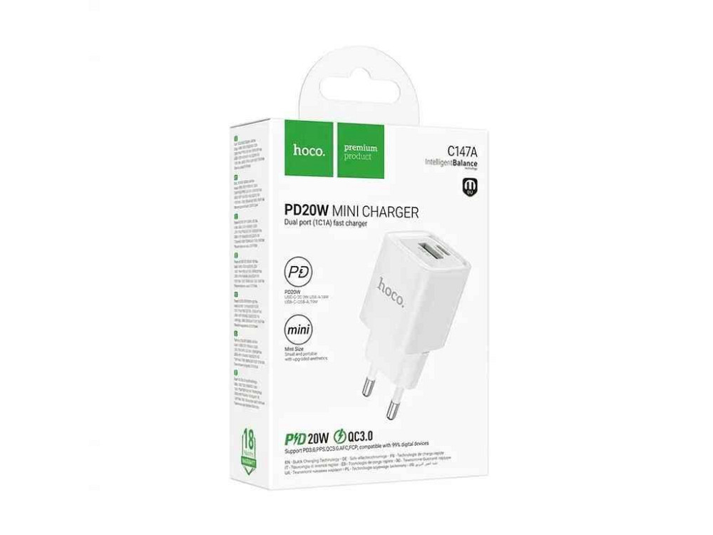Мережевий зарядний пристрій USB C147A 1USB/PD20W/QC3.0 білий ТМ HOCO Київ - фото 1