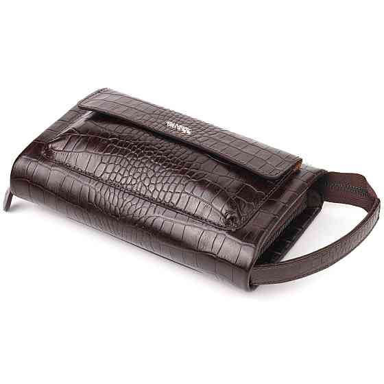 Удобный клатч для мужчин из натуральной фактурной кожи с тиснением под крокодила CANPELLINI 21561 Коричневый Киев