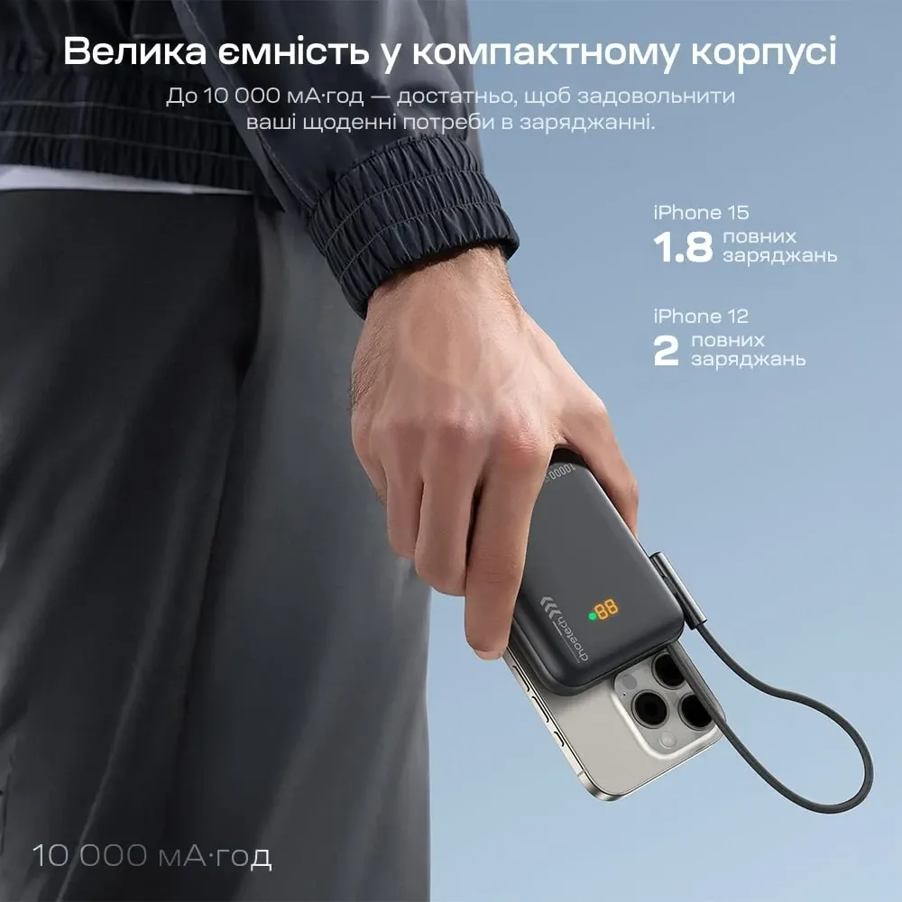 Повербанк 10000mAh Choetech B735 Black QC3.0 PD3.0 бездротова магнітна зарядка, вбудований кабель, підставка (43-00149) Київ - фото 17