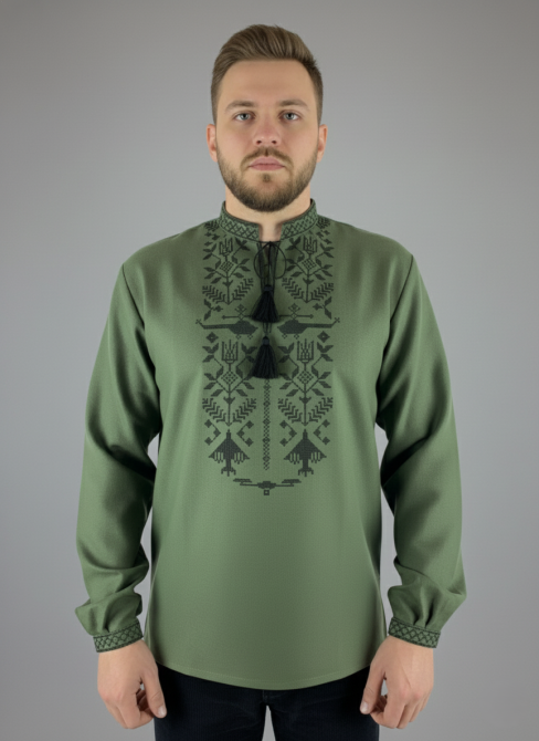 Мужская вышиванка хаки на длинный рукав 50 Київ - фото 1