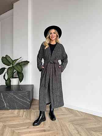 Жіночий довгий кардиган із поясом і кишенями. Чорно-білий, 46/48 Одеса