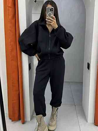 Жіночий стильний теплий флісовий костюм-двійка, двосторонній фліс-полор Чорний, 42/44 Одеса