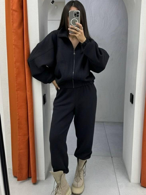 Жіночий стильний теплий флісовий костюм-двійка, двосторонній фліс-полор Чорний, 42/44 Одеса - фото 1