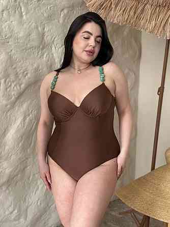 Злитний купальник великих розмірів plus size біфлекс з поролоновими чашками та кісточками на бретельках коричневий 2XL Одеса