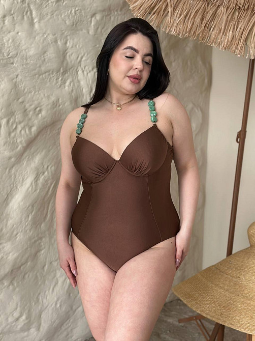 Злитний купальник великих розмірів plus size біфлекс з поролоновими чашками та кісточками на бретельках коричневий 2XL Одеса - фото 5