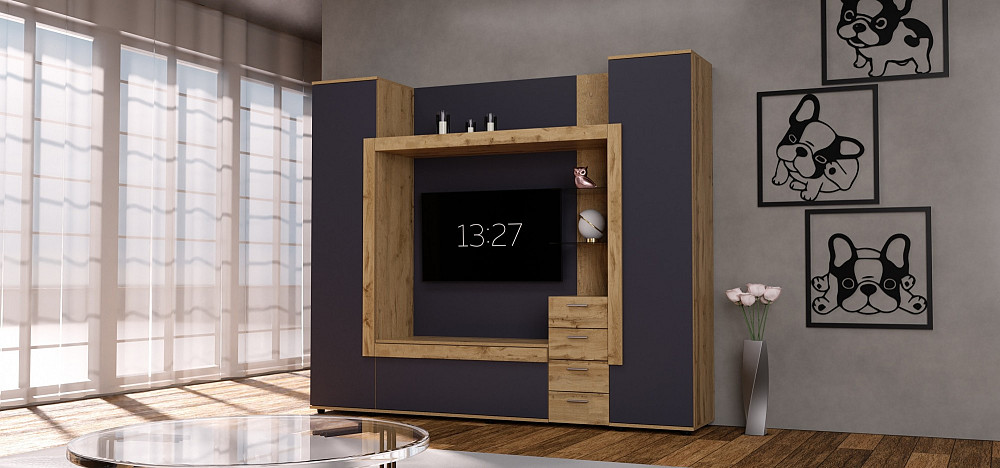 Стенка в гостиную под ТВ Exo-1, Дуб Аппалачи/Антрацит, 2160х420х1850 Львов - изображение 1