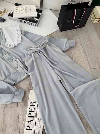 Жіночий плюшевий костюм-двійка: кофта з коміром і штани велюр Блакитний, 42/44 Одеса