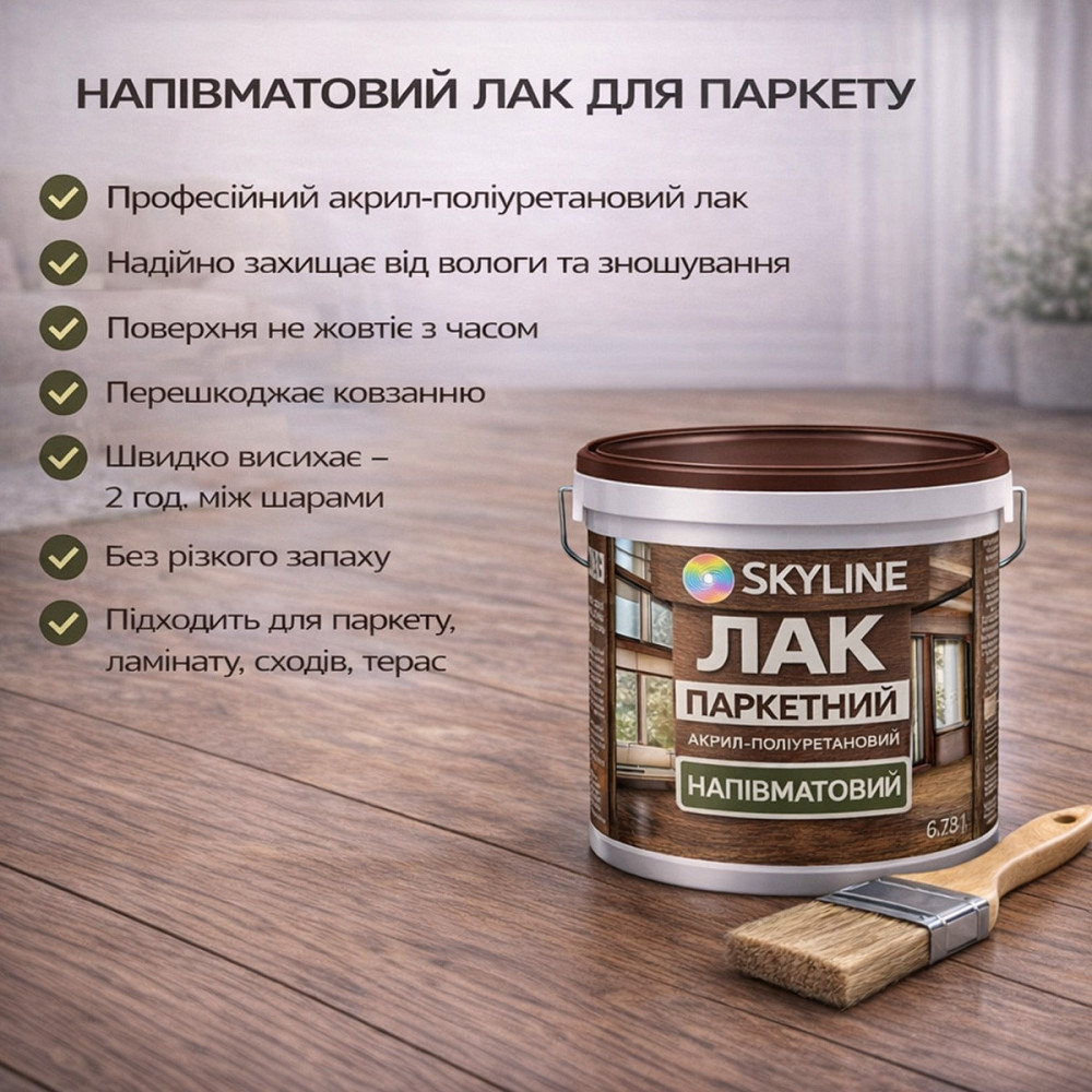Лак для підлоги напівматовий Skyline паркетний, акрил-поліуретановий, водний, зносостійкий, без запаху, 3 л Харків - фото 9