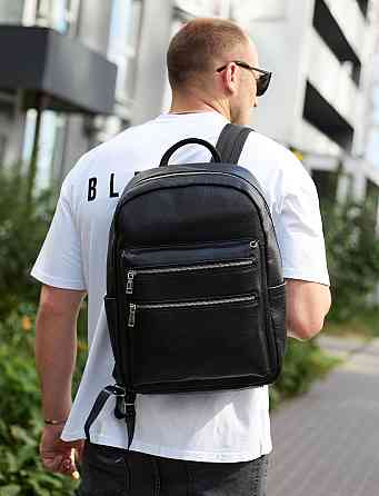 Міський чоловічий рюкзак із натуральної шкіри 41х30х17, наплічна сумка для ноутбука та документів, чорний Київ