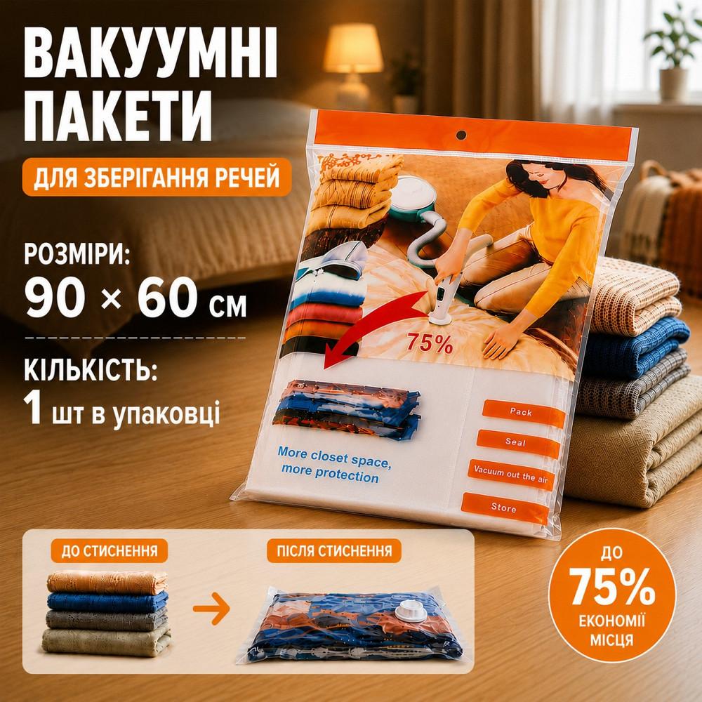 Вакуумный пакет с Zip-замоком для хранения одежды вещей багажа, с клапаном мешок вакуумный для хранения, 90х60 см Каменец-Подольский - изображение 10