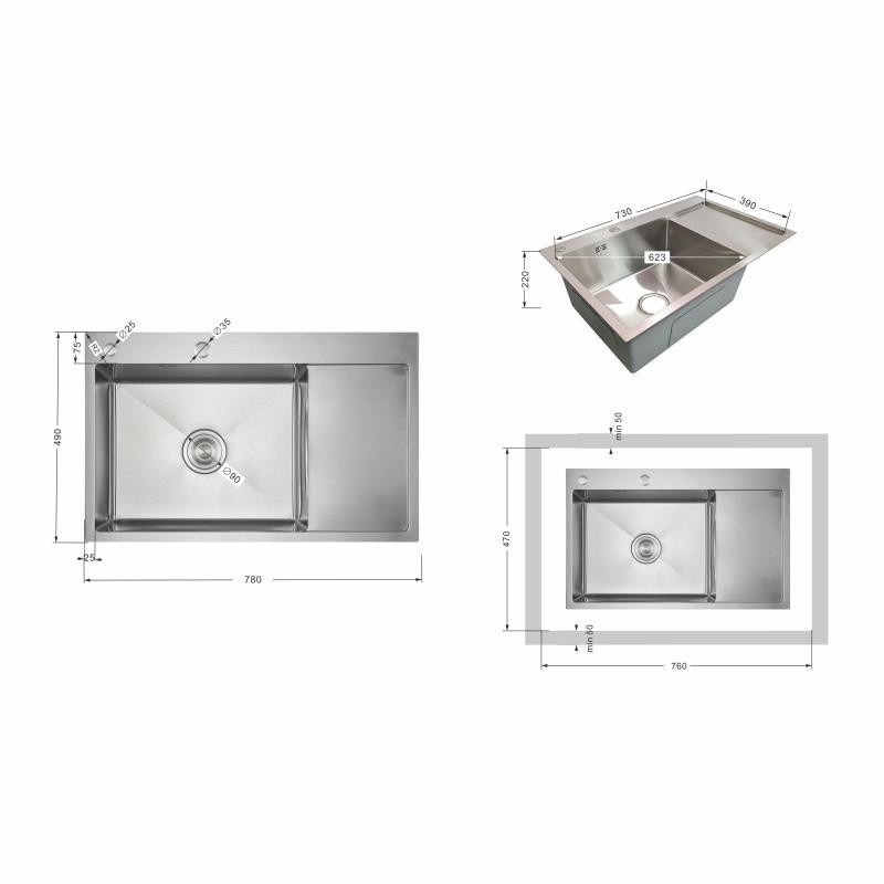 Мойка для кухни интегрированная Lidz Handmade Max 500 H7849R Brushed Steel, 3,0/1,0 мм, крыло справа, увеличенная чаша Киев - изображение 2