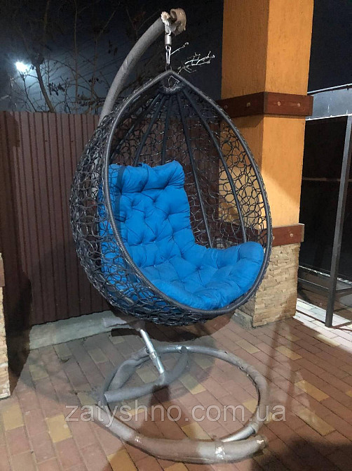 Сірий підвісне кокон-крісло з синьою подушкою Київ - фото 2